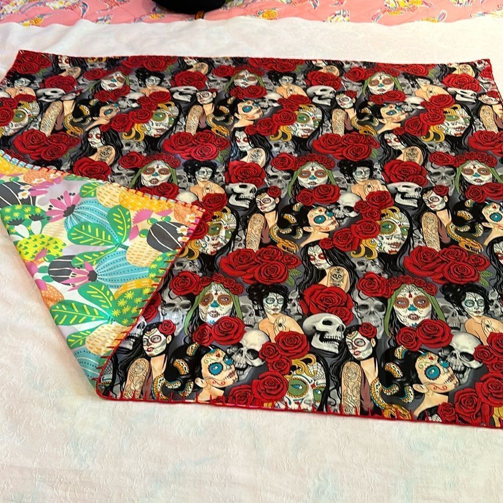 Tapestry Small Blanket Hand Embellished Sugar Skulls Cactus Hand Crocheted